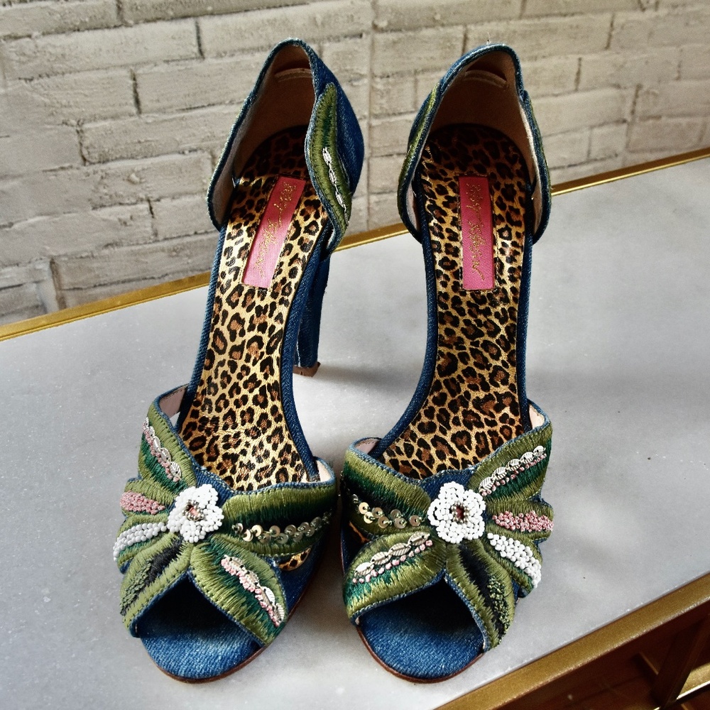 Betsey Johnson Embroidered Denim Heels